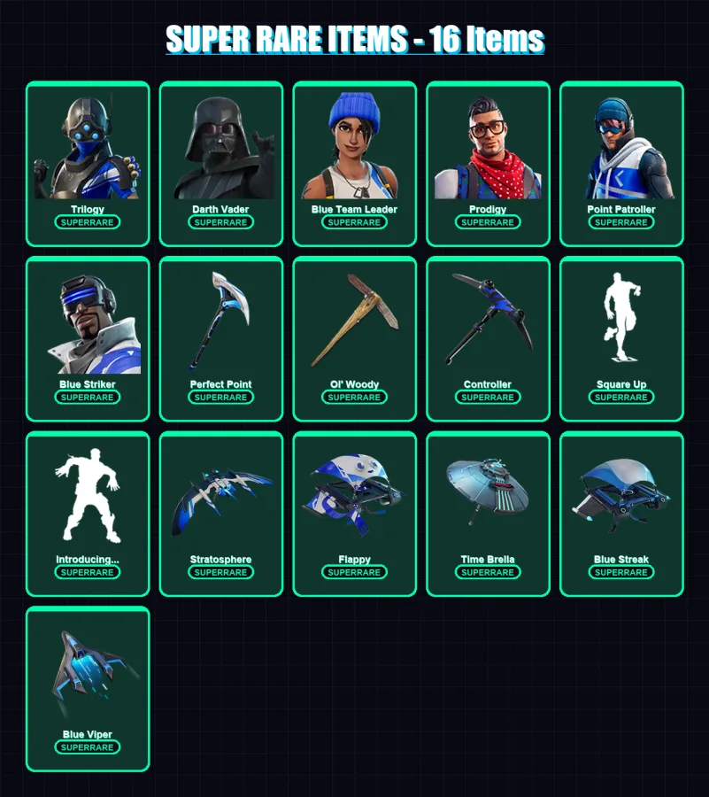 [PS4/PS5/XBOX/PC] | Trilogy | Darth Vader | Blue Team Leader | Prodigy | Point Patroller | 243 skin | 295 pickaxe | 202 emote | 238 glider | Lv5250