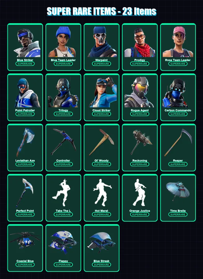 [PS4/PS5/XBOX/PC] | Blue Striker | Blue Team Leader | Warpaint | Prodigy | Rose Team Leader | 170 skin | 159 pickaxe | 149 emote | 151 glider | Lv22