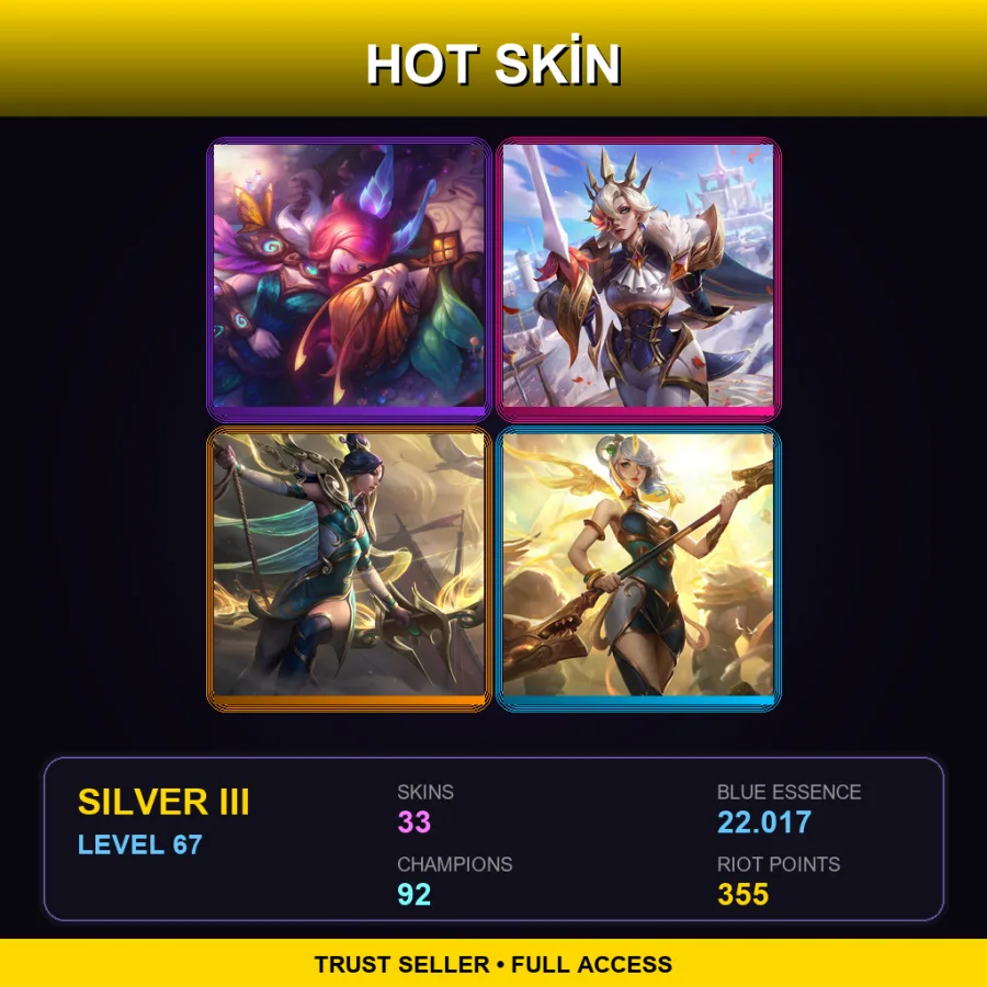 NA | Elderwood Xayah | Battle Queen Fiora | Lunar Empress Ashe | Lunar Empress Lux | 33 Skin | 92 Champ | Silver III | Lv67