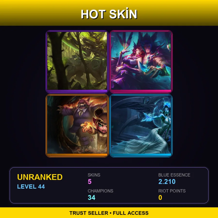LAN | Lv44 | Unranked | 5 Skin | 34 Champ — LoL account