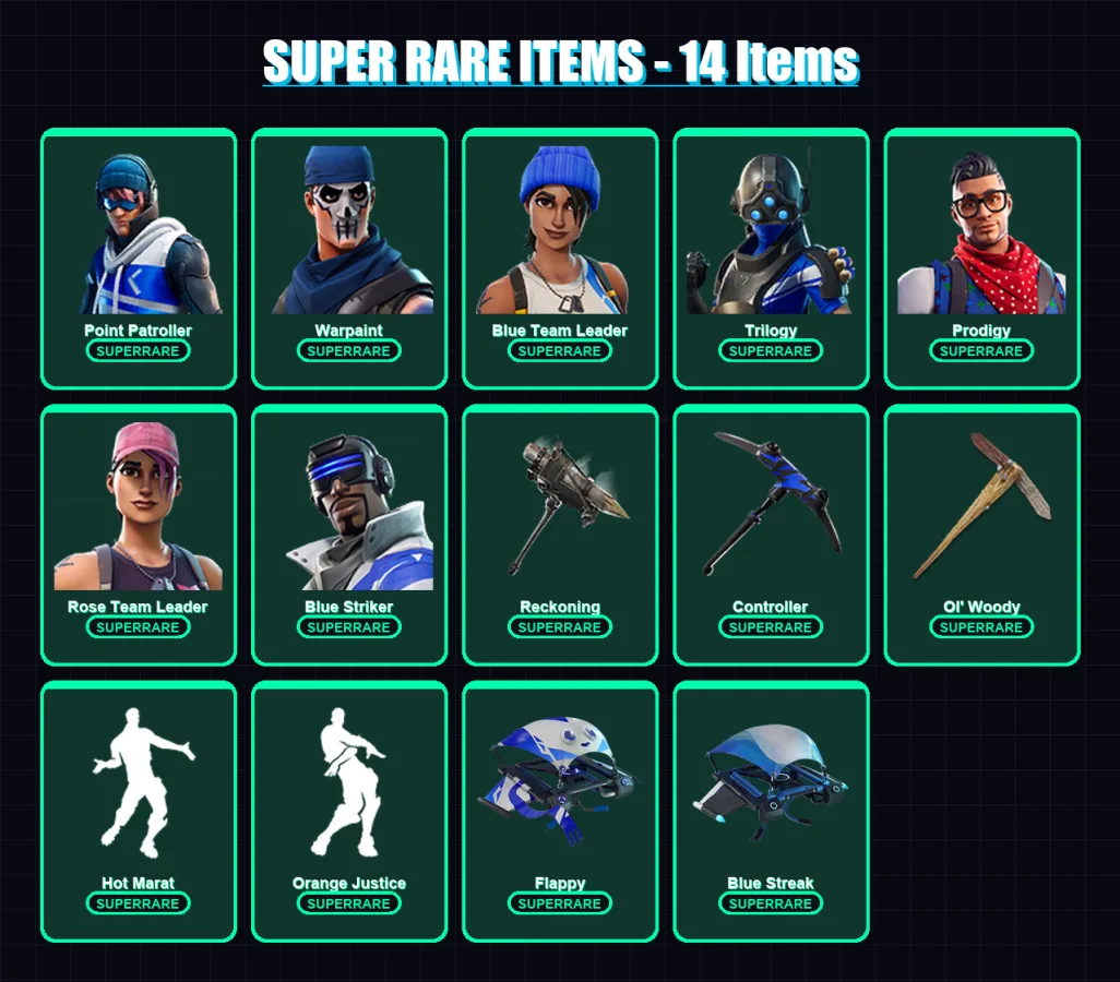 [PS4/PS5/XBOX/PC] | Point Patroller | Warpaint | Blue Team Leader | Trilogy | Prodigy | 133 skin | 157 pickaxe | 110 emote | 123 glider | Lv1535