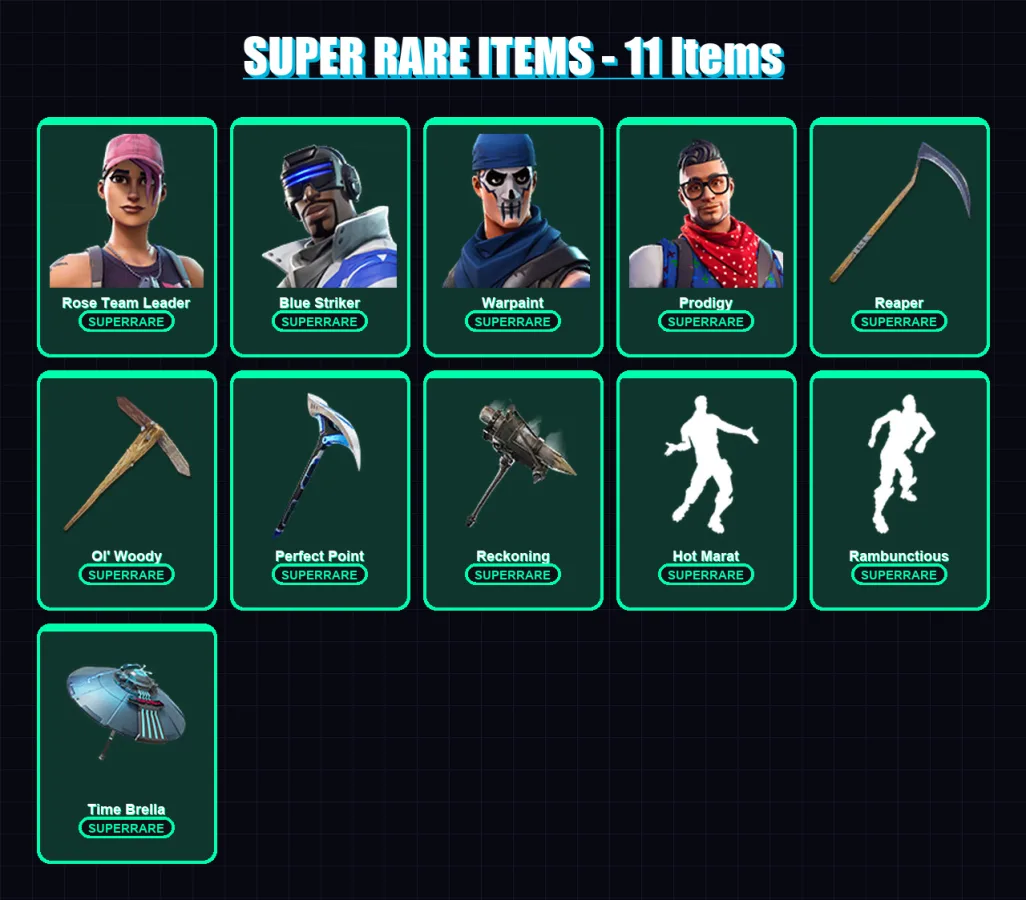 [PC/XBOX] | Rose Team Leader | Blue Striker | Warpaint | Prodigy | Luxe | 72 skin | 65 pickaxe | 76 emote | 60 glider | Lv876