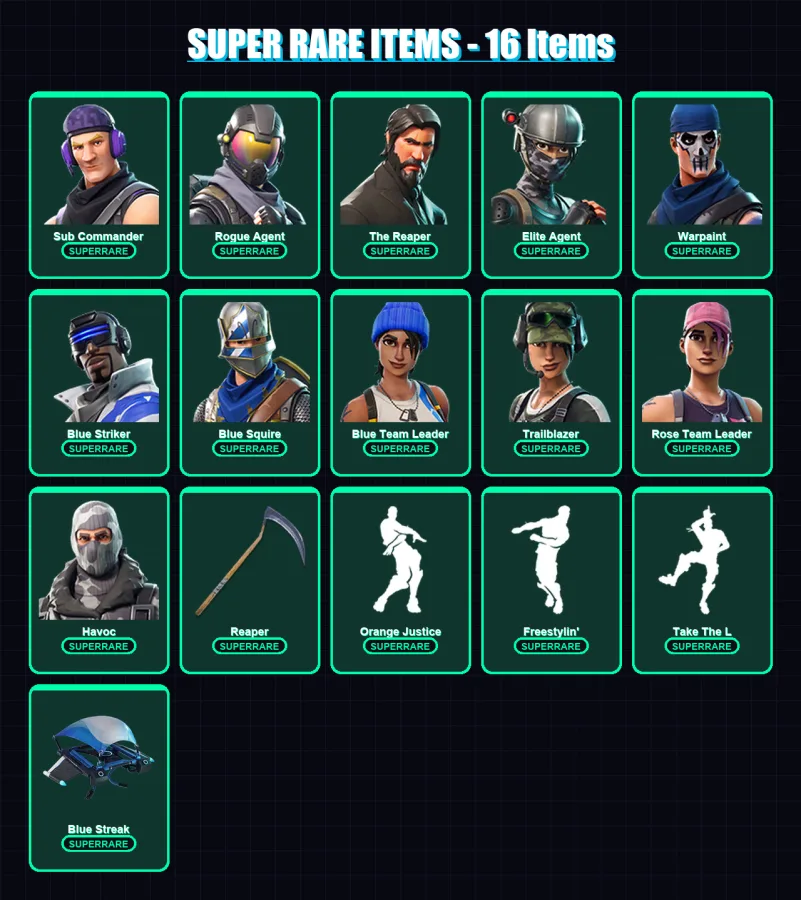 [PC/XBOX/PSN] | Sub Commander | Rogue Agent | The Reaper | Elite Agent | Warpaint | 38 skin | 22 pickaxe | 36 emote | 29 glider | Lv389