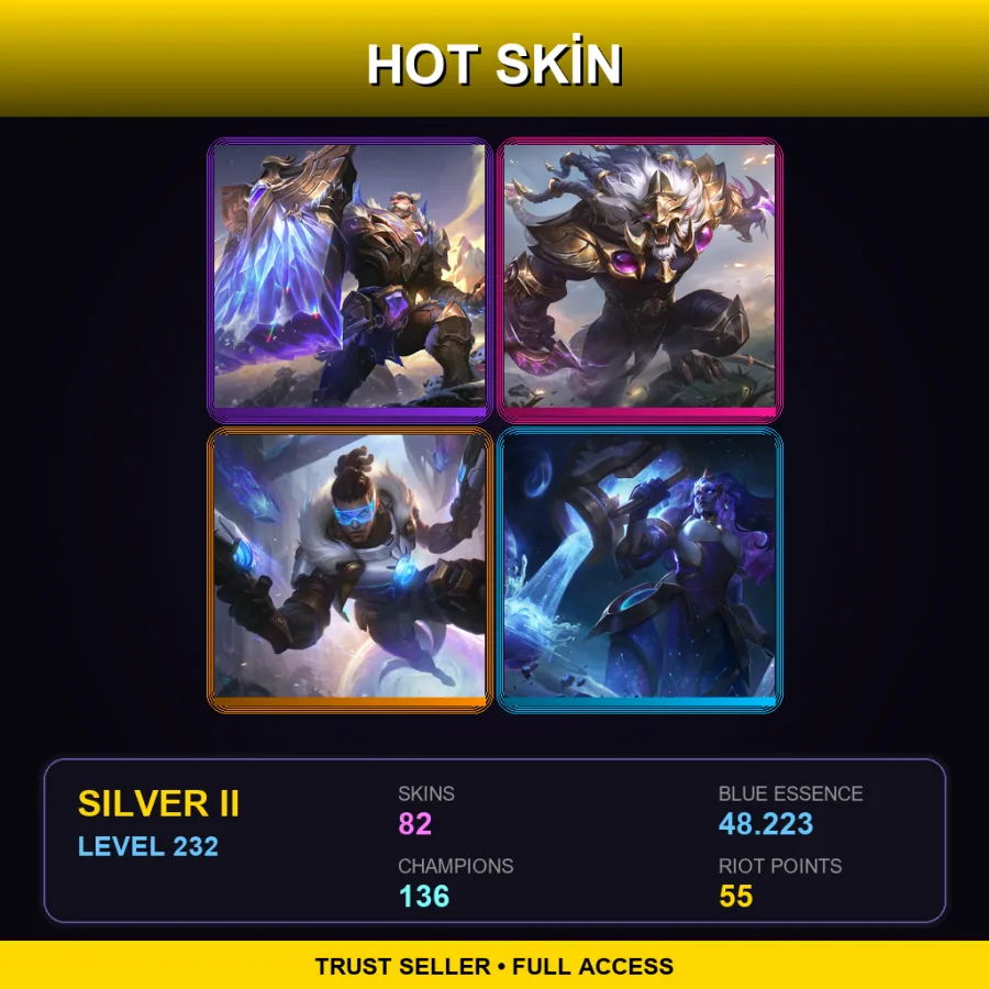 EUNE | Victorious Braum | Victorious Rengar | Pulsefire Lucian | Cosmic Invoker Illaoi | 82 Skin | 136 Champ | Silver II | Lv232
