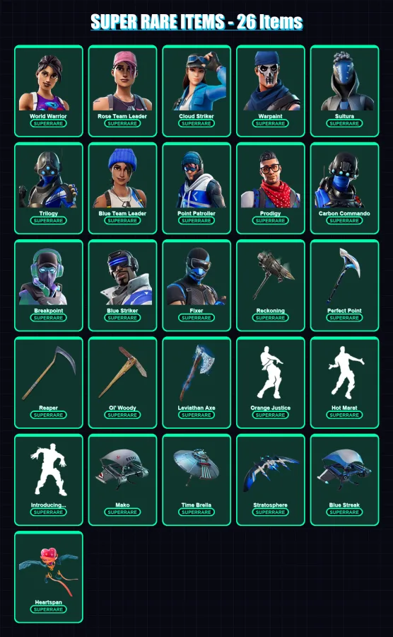 [PC/XBOX] | World Warrior | Rose Team Leader | Cloud Striker | Warpaint | Sultura | 195 skin | 242 pickaxe | 182 emote | 199 glider | Lv3235