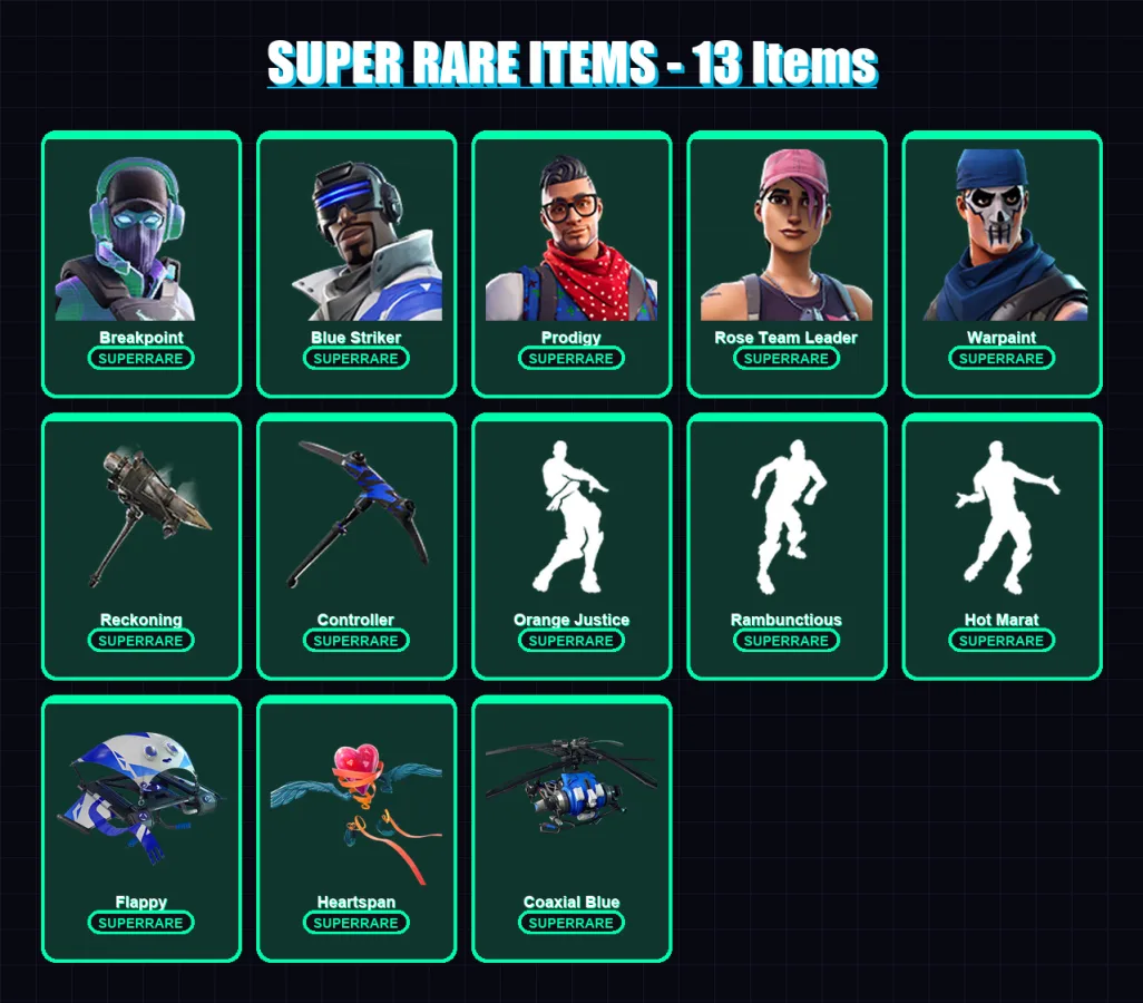 [PS4/PS5/XBOX/PC] | Breakpoint | Blue Striker | Prodigy | Rose Team Leader | Warpaint | 59 skin | 41 pickaxe | 67 emote | 50 glider | Lv553