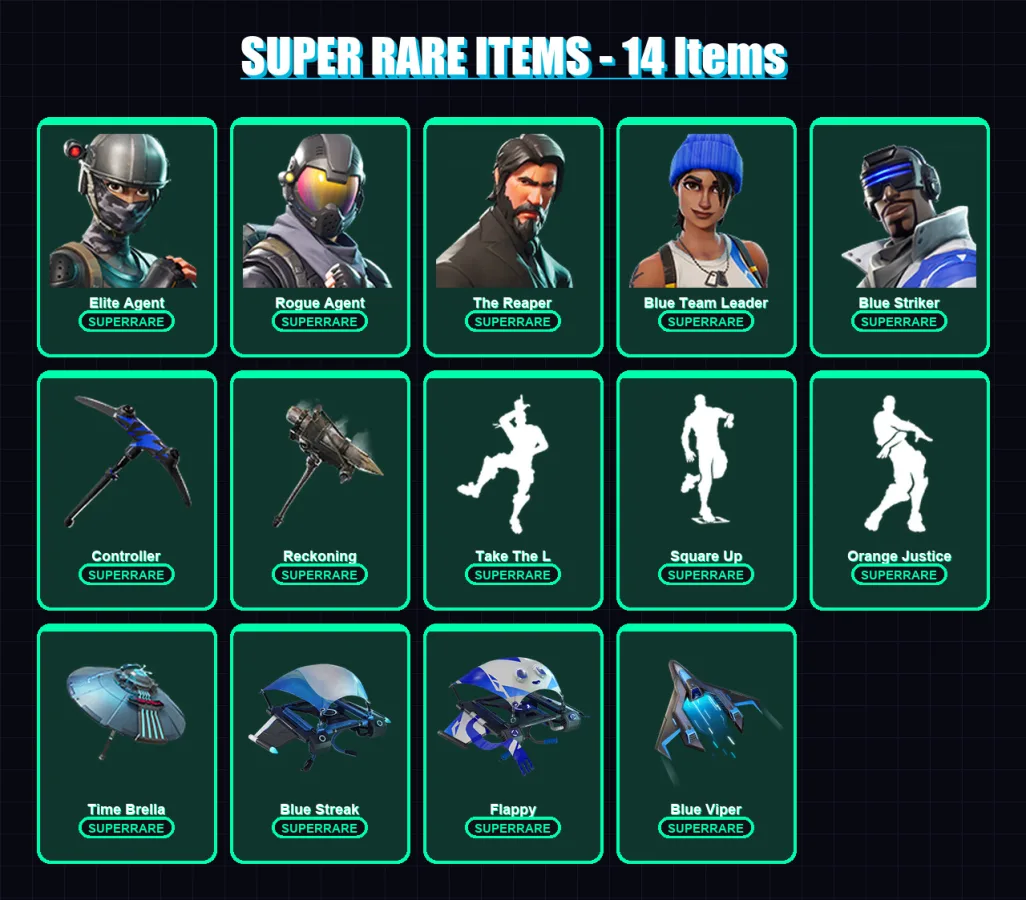 [PS4/PS5/XBOX/PC] | Elite Agent | Rogue Agent | The Reaper | Blue Team Leader | Blue Striker | 56 skin | 60 pickaxe | 72 emote | 72 glider | Lv1317