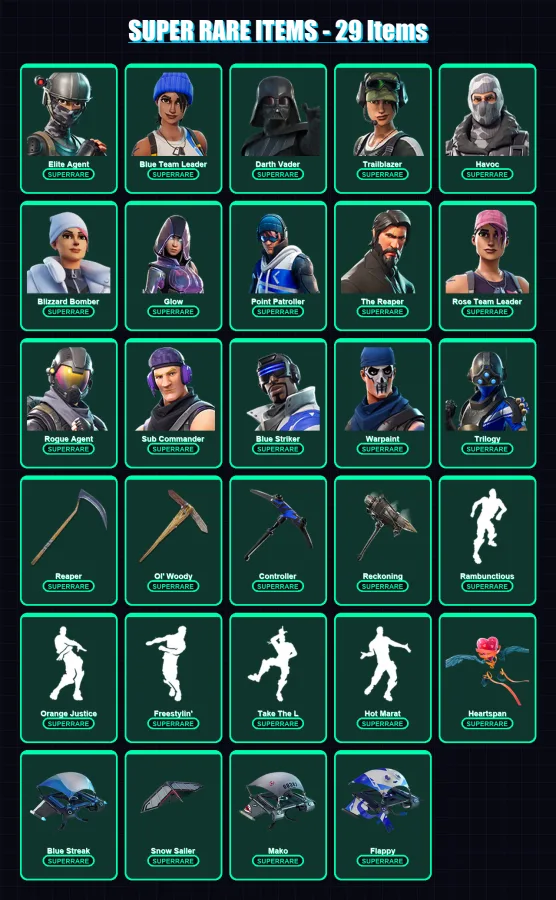 [PS4/PS5/XBOX/PC] | Elite Agent | Blue Team Leader | Darth Vader | Trailblazer | Havoc | 126 skin | 87 pickaxe | 100 emote | 79 glider | Lv1122