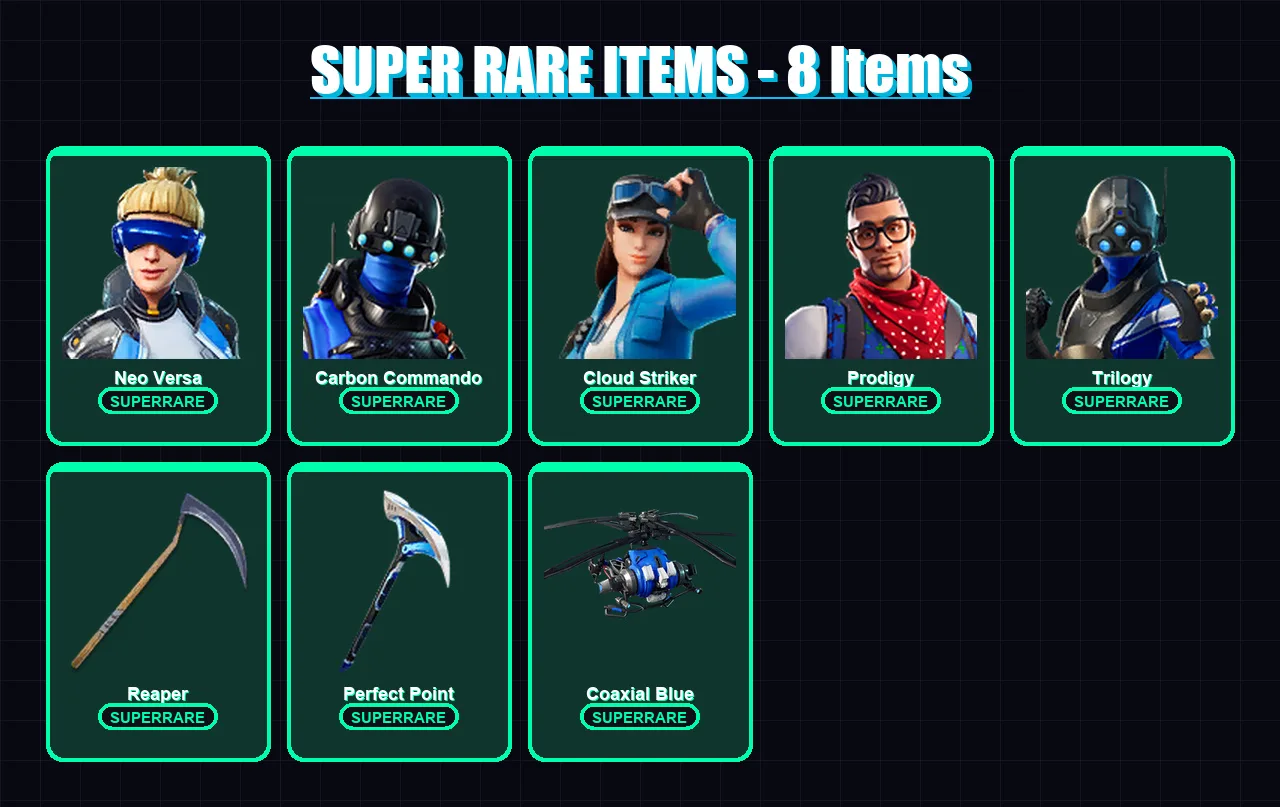 [PC/XBOX/PSN] | Neo Versa | Carbon Commando | Cloud Striker | Prodigy | Trilogy | 54 skin | 64 pickaxe | 78 emote | 65 glider | Lv937