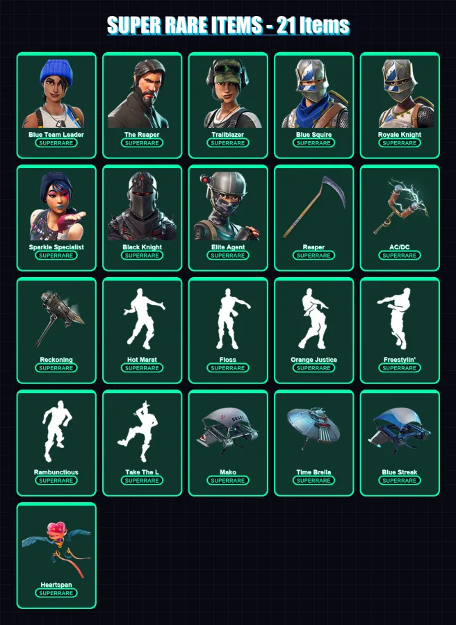 [SWITCH/PC] | Blue Team Leader | The Reaper | Trailblazer | Blue Squire | Royale Knight | 99 skin | 101 pickaxe | 93 emote | 103 glider | Lv1707