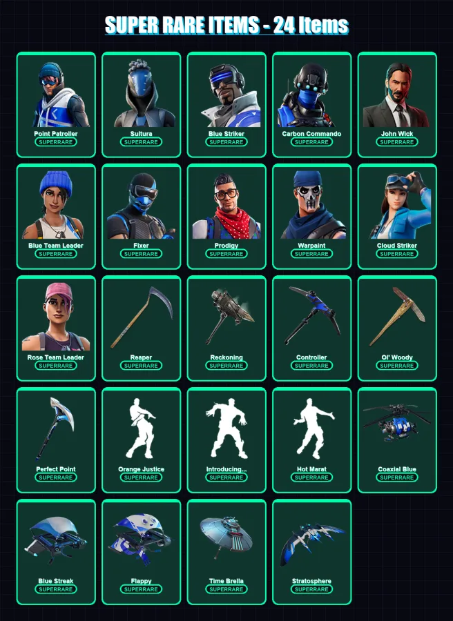 [PS4/PS5/XBOX/PC] | Point Patroller | Sultura | Blue Striker | Carbon Commando | John Wick | 85 skin | 84 pickaxe | 81 emote | 85 glider | Lv1213 — Fortnite account