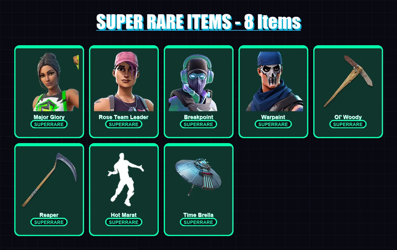 [PC/PSN] | Major Glory | Rose Team Leader | Breakpoint | Warpaint | Ultima Knight | 168 skin | 183 pickaxe | 162 emote | 156 glider | Lv2714