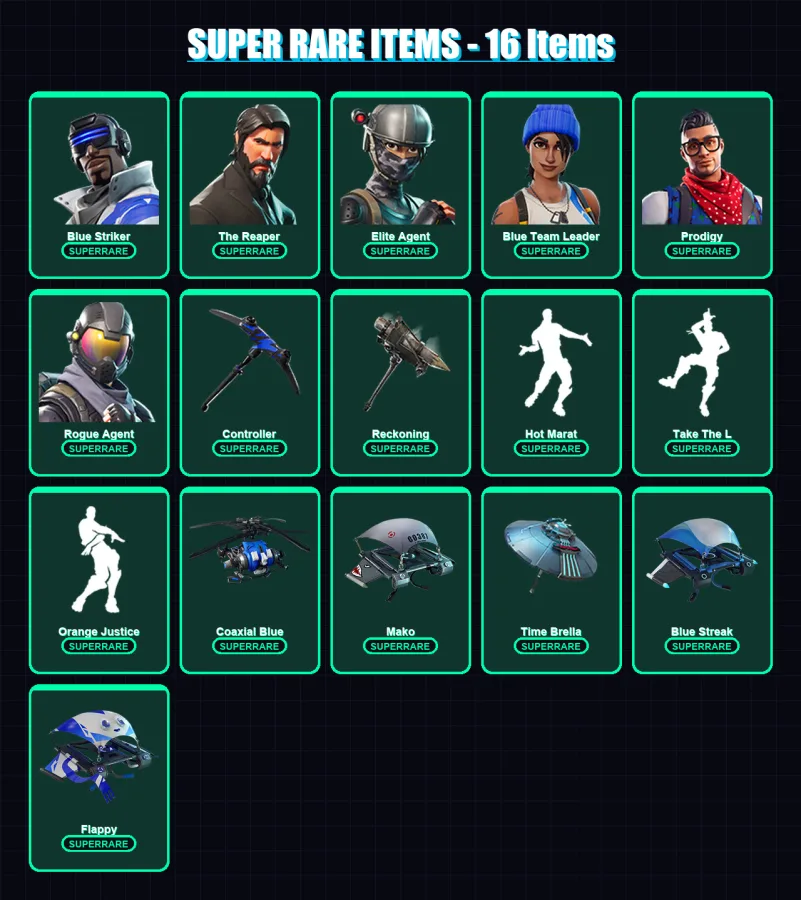 [PC/XBOX] | Blue Striker | The Reaper | Elite Agent | Blue Team Leader | Prodigy | 75 skin | 102 pickaxe | 105 emote | 110 glider | Lv2129