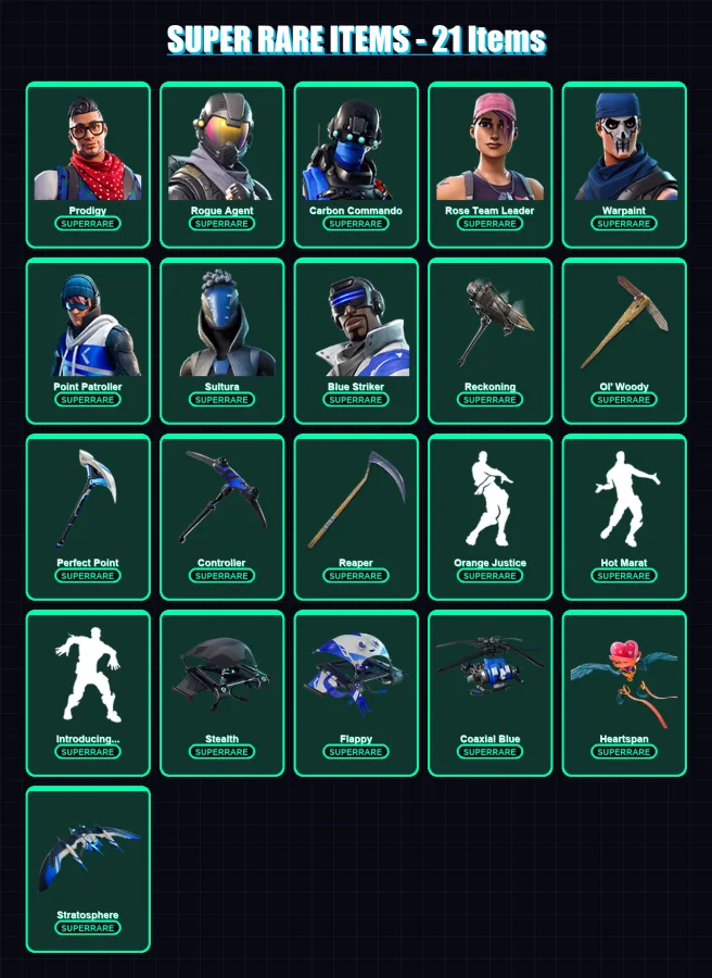 [PS4/PS5/XBOX/PC] | Prodigy | Rogue Agent | Carbon Commando | Rose Team Leader | Warpaint | 112 skin | 84 pickaxe | 106 emote | 79 glider | Lv1081