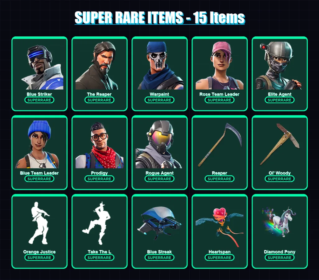 [PS4/PS5/XBOX/PC] | Blue Striker | The Reaper | Warpaint | Rose Team Leader | Elite Agent | 60 skin | 29 pickaxe | 42 emote | 39 glider | Lv417