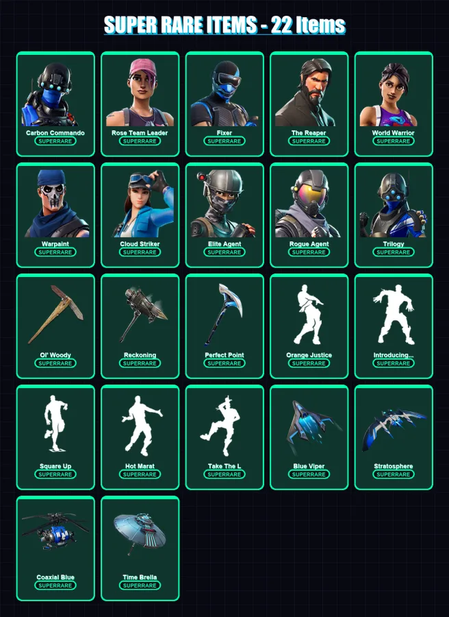 [PC/XBOX] | Carbon Commando | Rose Team Leader | Fixer | The Reaper | World Warrior | 112 skin | 71 pickaxe | 125 emote | 77 glider | Lv832 — Fortnite account