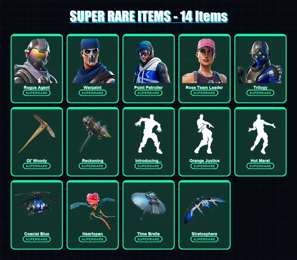 [PC/XBOX/PSN] | Rogue Agent | Warpaint | Point Patroller | Rose Team Leader | Trilogy | 134 skin | 171 pickaxe | 169 emote | 152 glider | Lv2040