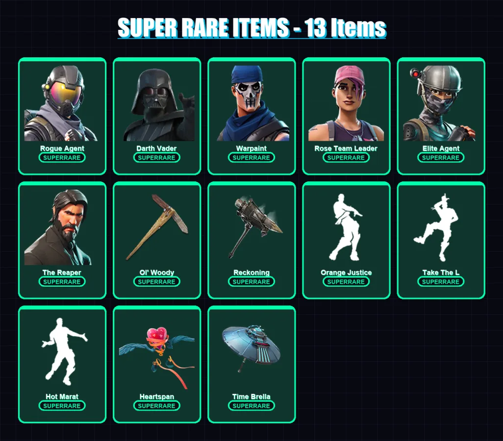 [PC/XBOX/PSN] | Rogue Agent | Darth Vader | Warpaint | Rose Team Leader | Elite Agent | 118 skin | 108 pickaxe | 107 emote | 104 glider | Lv1673