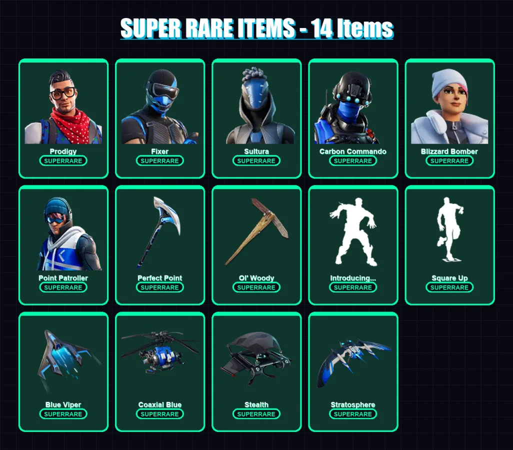 [PS4/PS5/XBOX/PC] | Prodigy | Fixer | Sultura | Carbon Commando | Blizzard Bomber | 87 skin | 77 pickaxe | 80 emote | 83 glider | Lv953