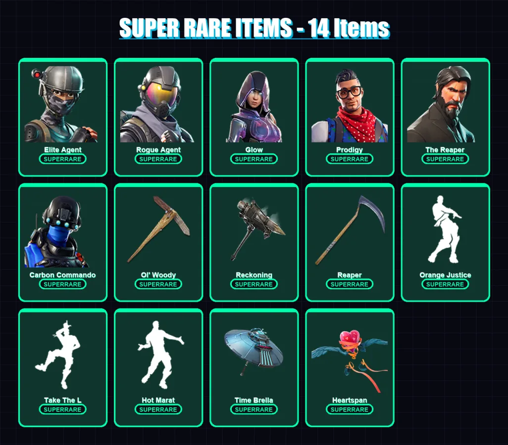 [PS4/PS5/XBOX/PC] | Elite Agent | Rogue Agent | Glow | Prodigy | The Reaper | 116 skin | 142 pickaxe | 107 emote | 106 glider | Lv1824