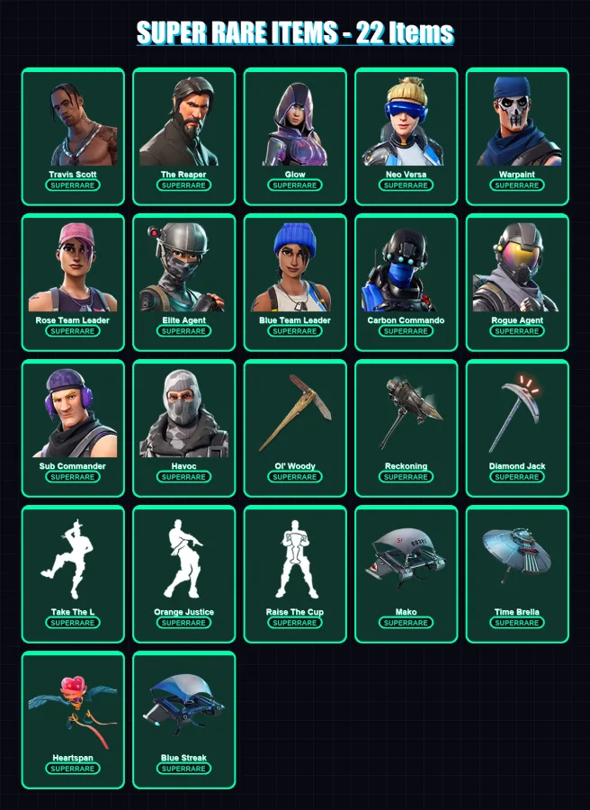[PC/XBOX/PSN] | Travis Scott | The Reaper | Glow | Neo Versa | Warpaint | 216 skin | 183 pickaxe | 150 emote | 156 glider | Lv2554