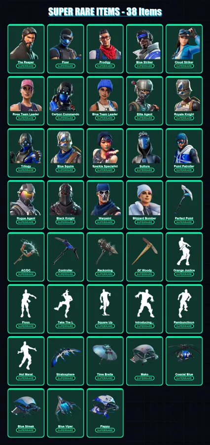 [PS4/PS5/XBOX/PC] | The Reaper | Fixer | Prodigy | Blue Striker | Cloud Striker | 120 skin | 103 pickaxe | 113 emote | 105 glider | Lv1216