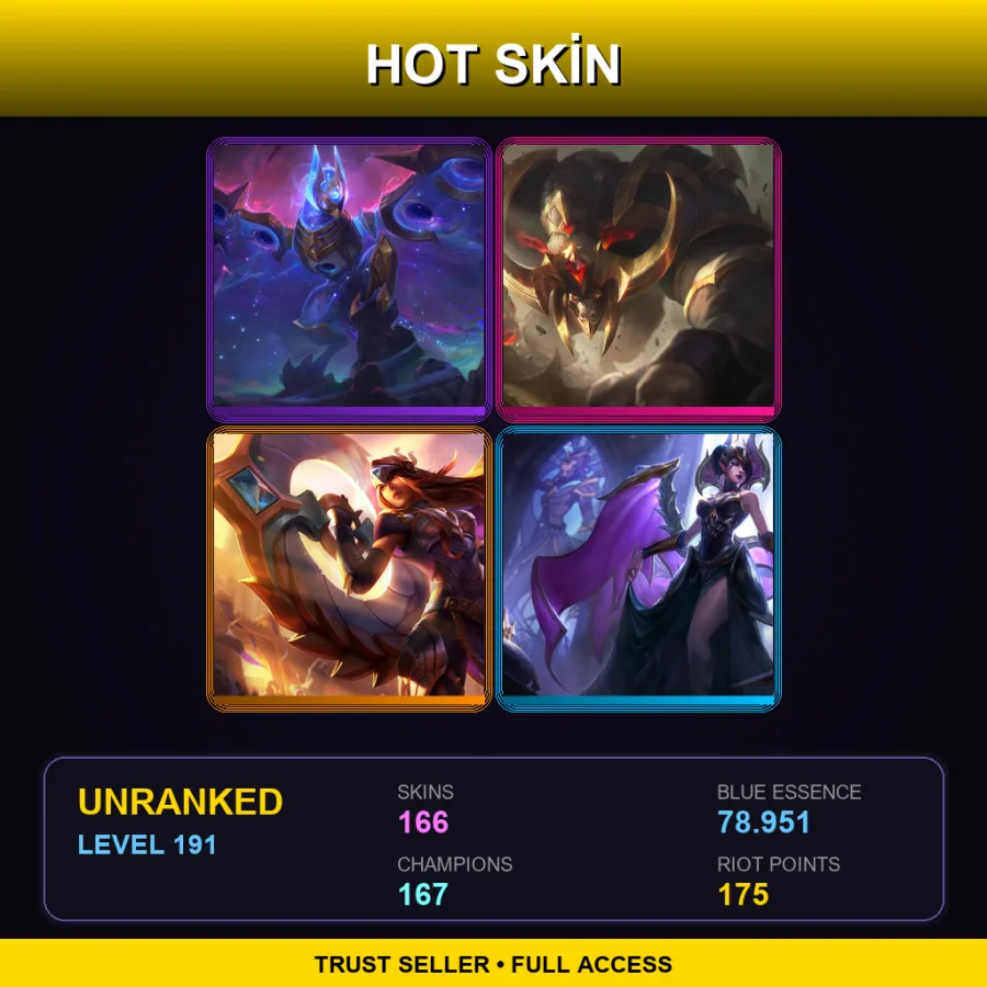 TW | Lv191 | Unranked | 166 Skin | 167 Champ — LoL account