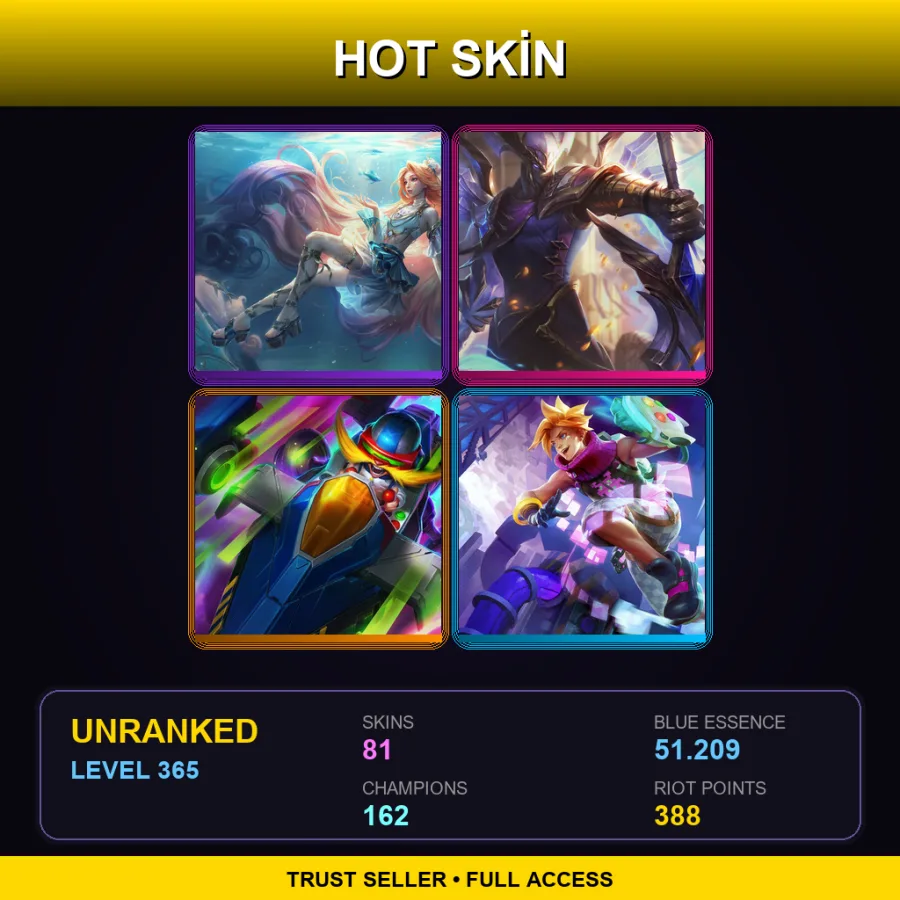 EUW | Lv365 | Unranked | 81 Skin | 162 Champ — LoL account