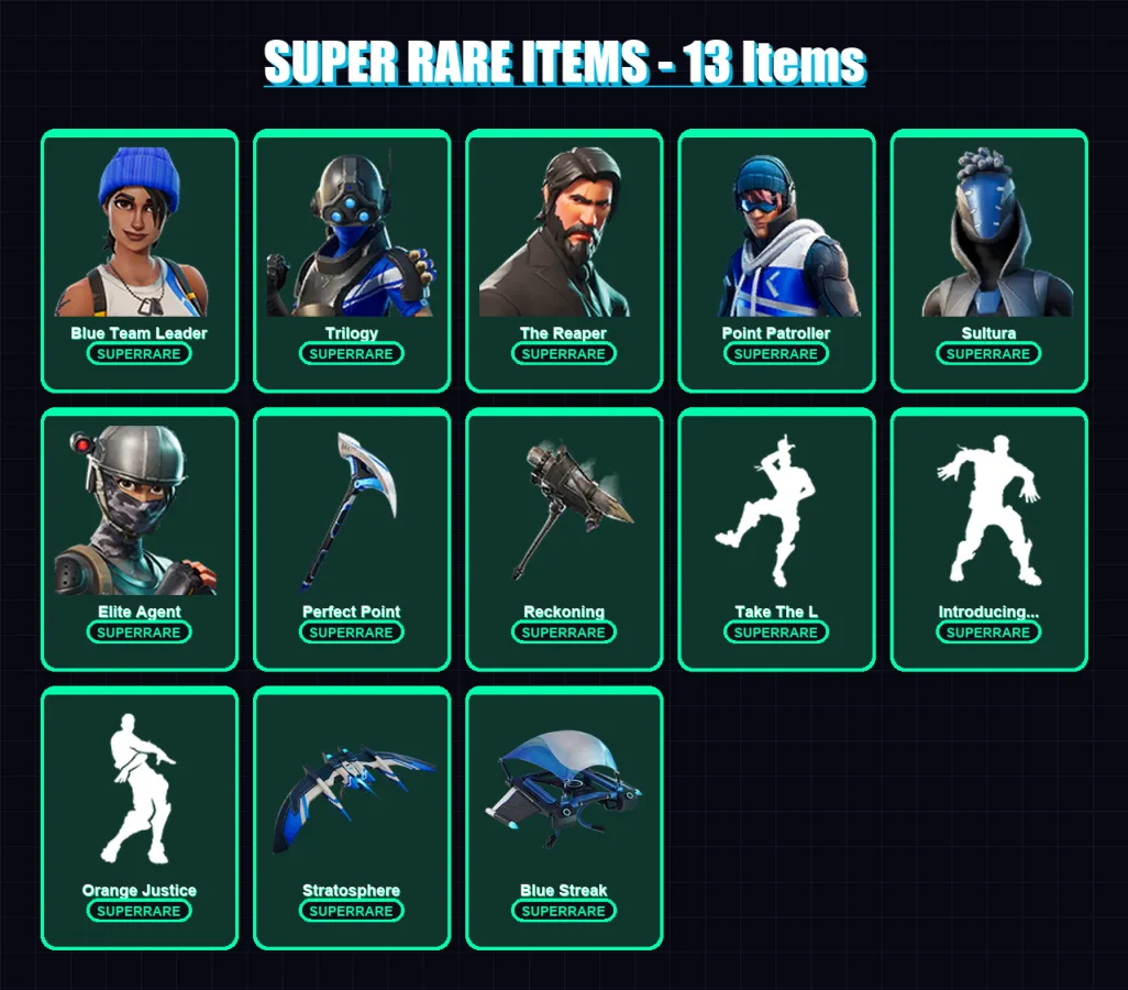 [PC] | Blue Team Leader | Trilogy | The Reaper | Point Patroller | Sultura | 80 skin | 126 pickaxe | 116 emote | 112 glider | Lv1766