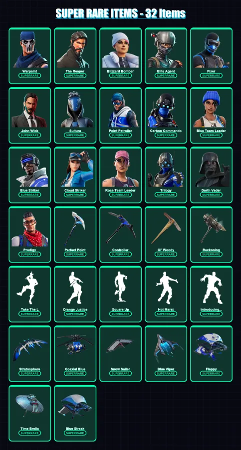 [PC/XBOX/PSN] | Warpaint | The Reaper | Renegade Raider | Blizzard Bomber | Elite Agent | 459 skin | 469 pickaxe | 350 emote | 310 glider | Lv4279