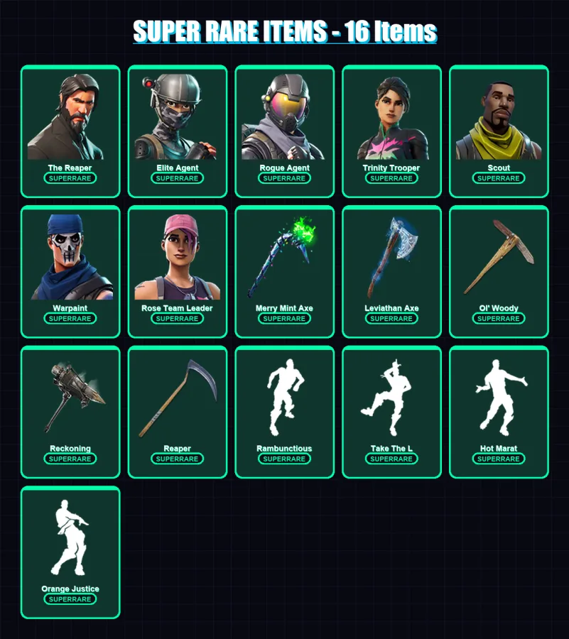 [PC/XBOX/PSN] | The Reaper | Omega | Elite Agent | Rogue Agent | Trinity Trooper | 224 skin | 145 pickaxe | 126 emote | 110 glider | Lv1500