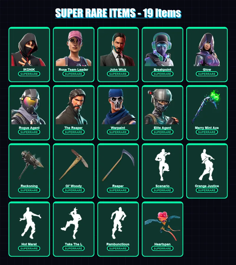 [PC/PSN] | IKONIK | Rose Team Leader | John Wick | Breakpoint | Glow | 160 skin | 129 pickaxe | 186 emote | 125 glider | Lv1889