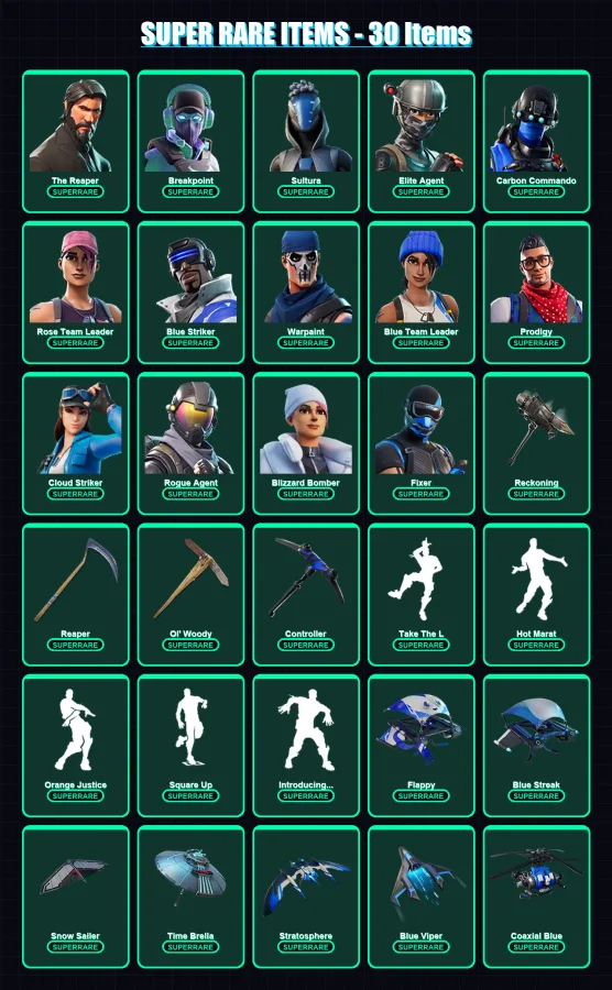 [PS4/PS5/XBOX/PC] | The Reaper | Breakpoint | Sultura | Elite Agent | Carbon Commando | 118 skin | 127 pickaxe | 110 emote | 114 glider | Lv1383
