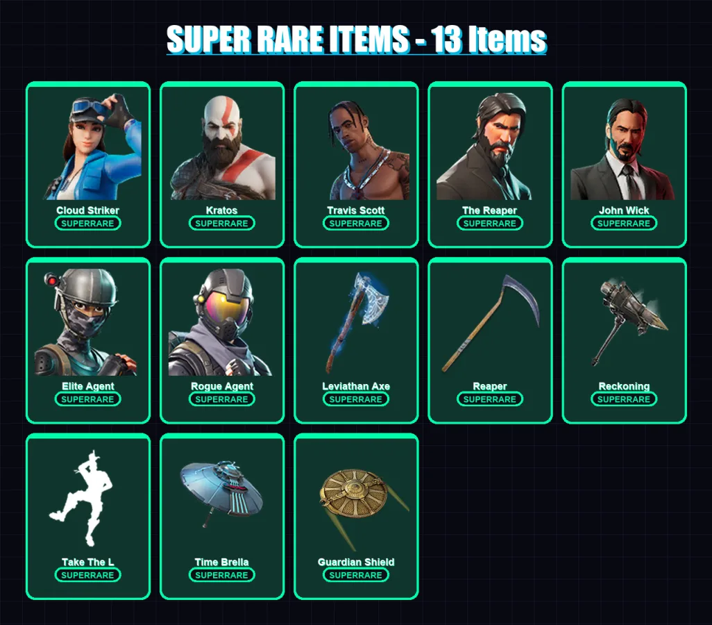 [PS4/PS5/XBOX/PC] | Cloud Striker | Kratos | Travis Scott | The Reaper | John Wick | 83 skin | 76 pickaxe | 64 emote | 75 glider | Lv1128