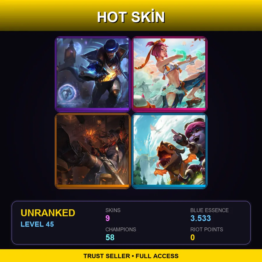 EUW | Lv45 | Unranked | 9 Skin | 58 Champ — LoL account