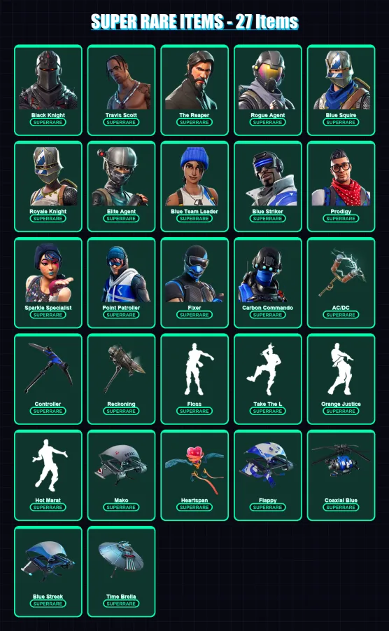 [PC/XBOX/PSN] | Black Knight | Travis Scott | The Reaper | Rogue Agent | Blue Squire | 100 skin | 82 pickaxe | 100 emote | 89 glider | Lv1179