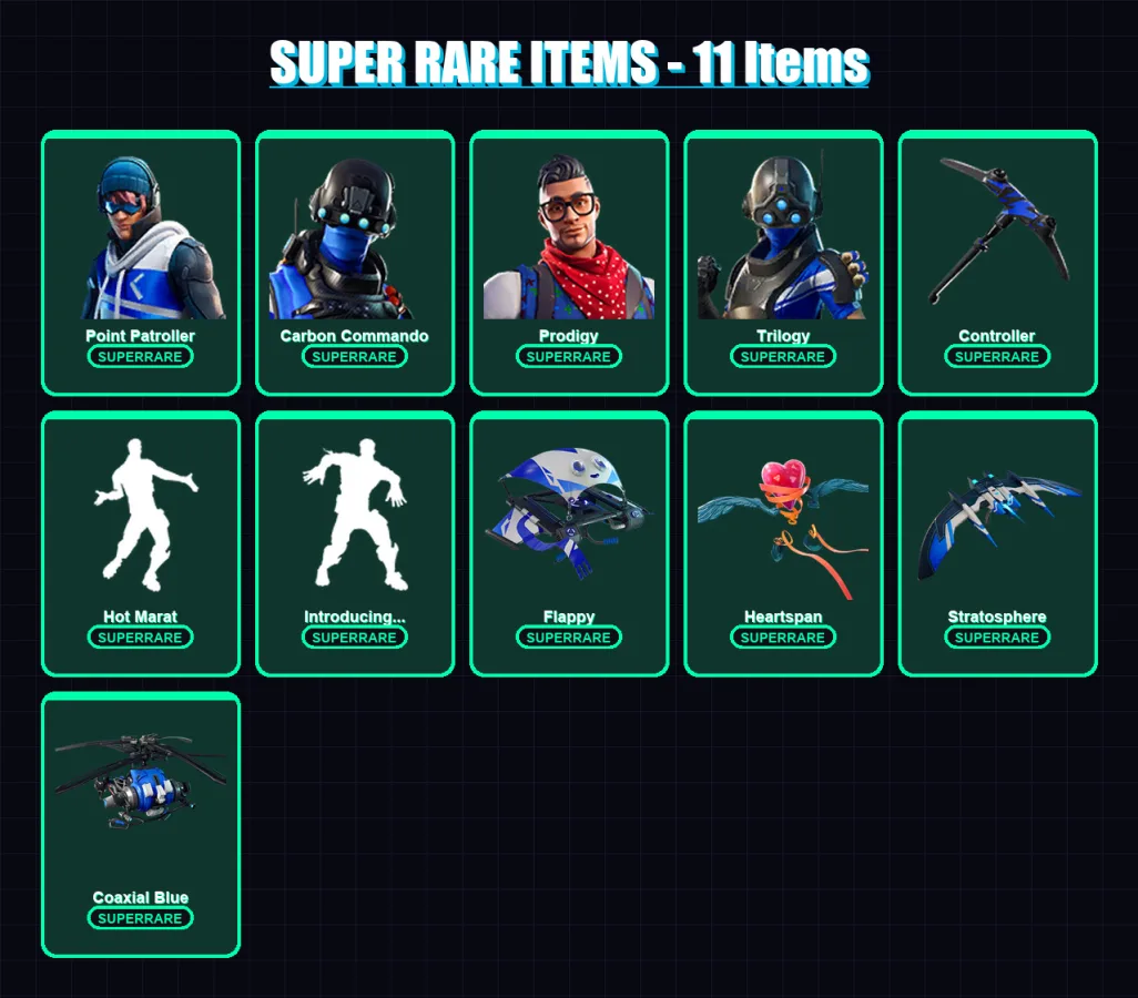 [PS4/PS5/XBOX/PC] | Point Patroller | Carbon Commando | Prodigy | Trilogy | Hybrid | 86 skin | 92 pickaxe | 114 emote | 105 glider | Lv1501