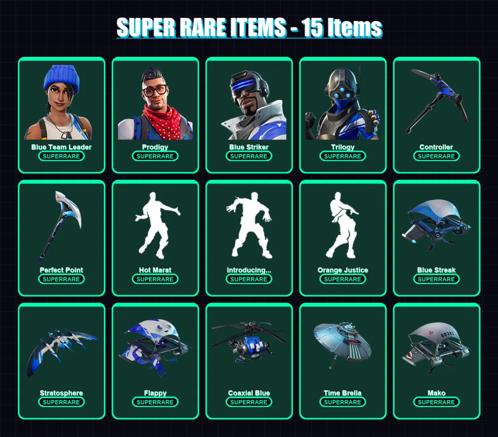 [PC/XBOX] | Blue Team Leader | Prodigy | Blue Striker | Trilogy | Deadpool | 87 skin | 122 pickaxe | 137 emote | 128 glider | Lv2091