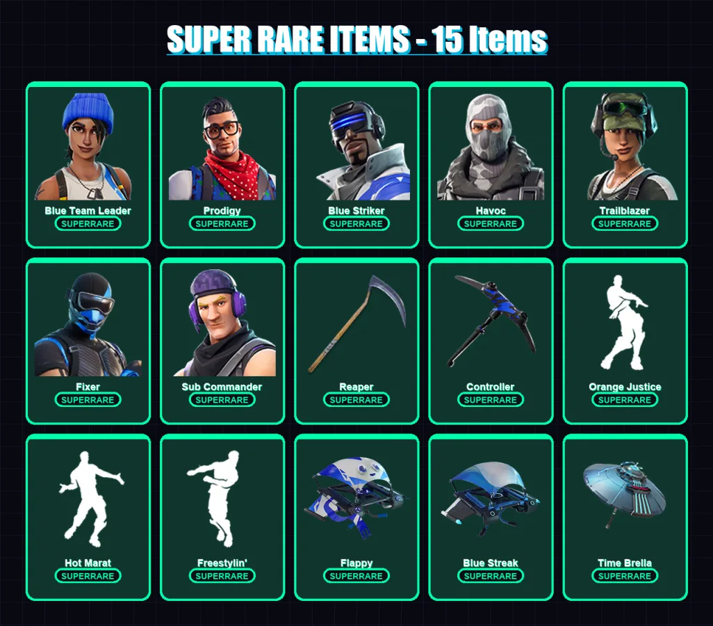 [PC] | Blue Team Leader | Prodigy | Blue Striker | Havoc | Trailblazer | 66 skin | 137 pickaxe | 98 emote | 125 glider | Lv2085