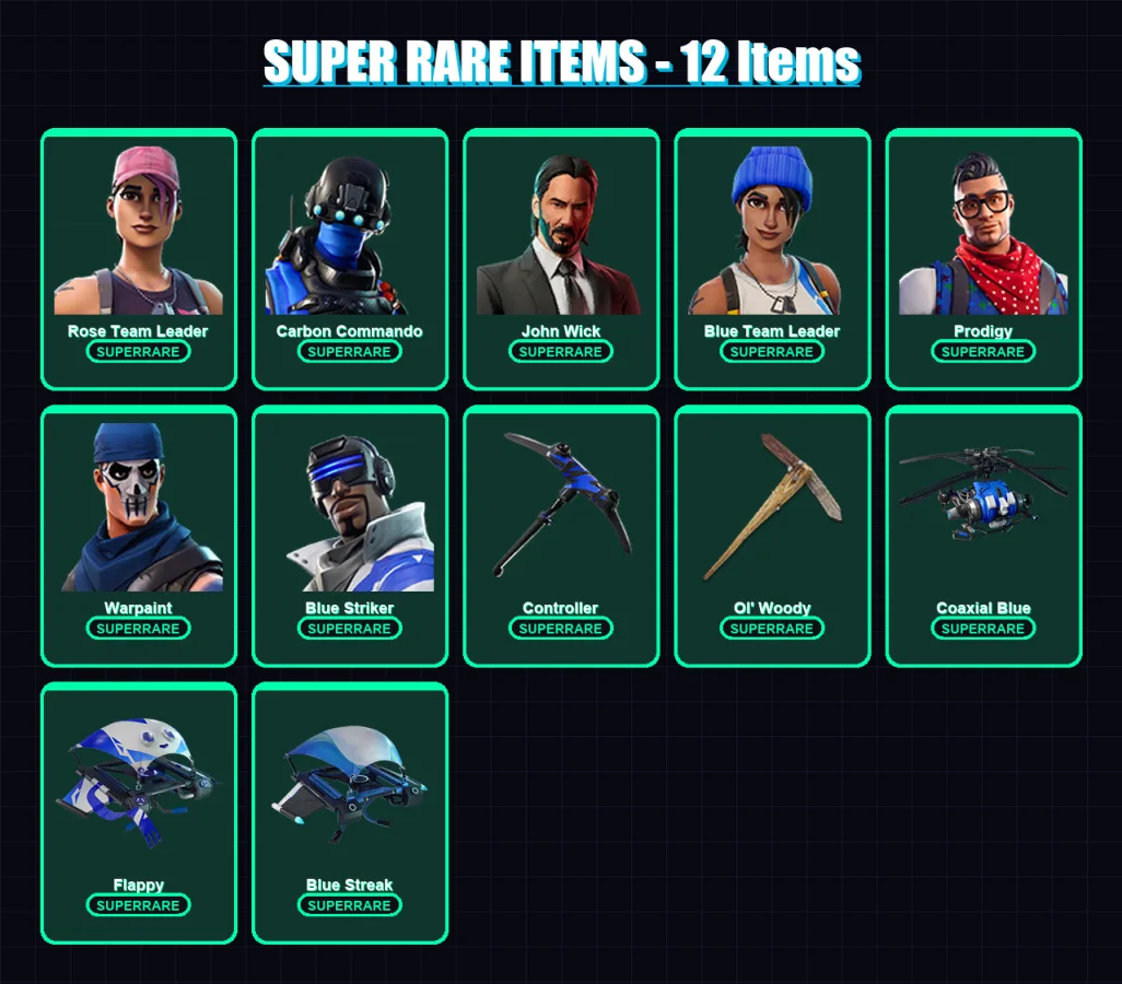 [PC] | Rose Team Leader | Carbon Commando | John Wick | Blue Team Leader | Prodigy | 47 skin | 54 pickaxe | 56 emote | 52 glider | Lv606 — Fortnite account
