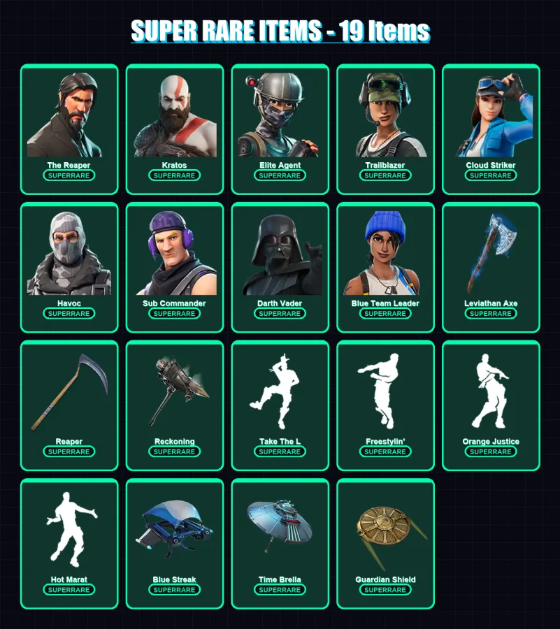[PS4/PS5/XBOX/PC] | The Reaper | Kratos | Omega | Elite Agent | Trailblazer | 151 skin | 167 pickaxe | 117 emote | 144 glider | Lv1918