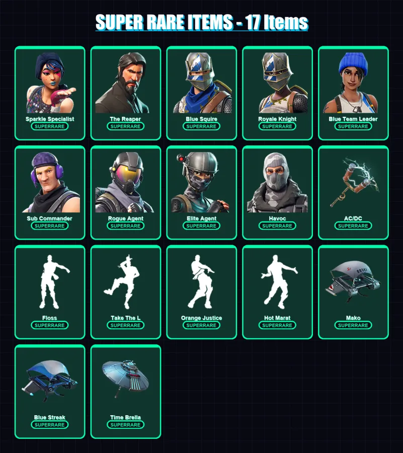 [PC/XBOX/PSN] | Sparkle Specialist | The Reaper | Omega | Blue Squire | Royale Knight | 41 skin | 47 pickaxe | 69 emote | 63 glider | Lv1141