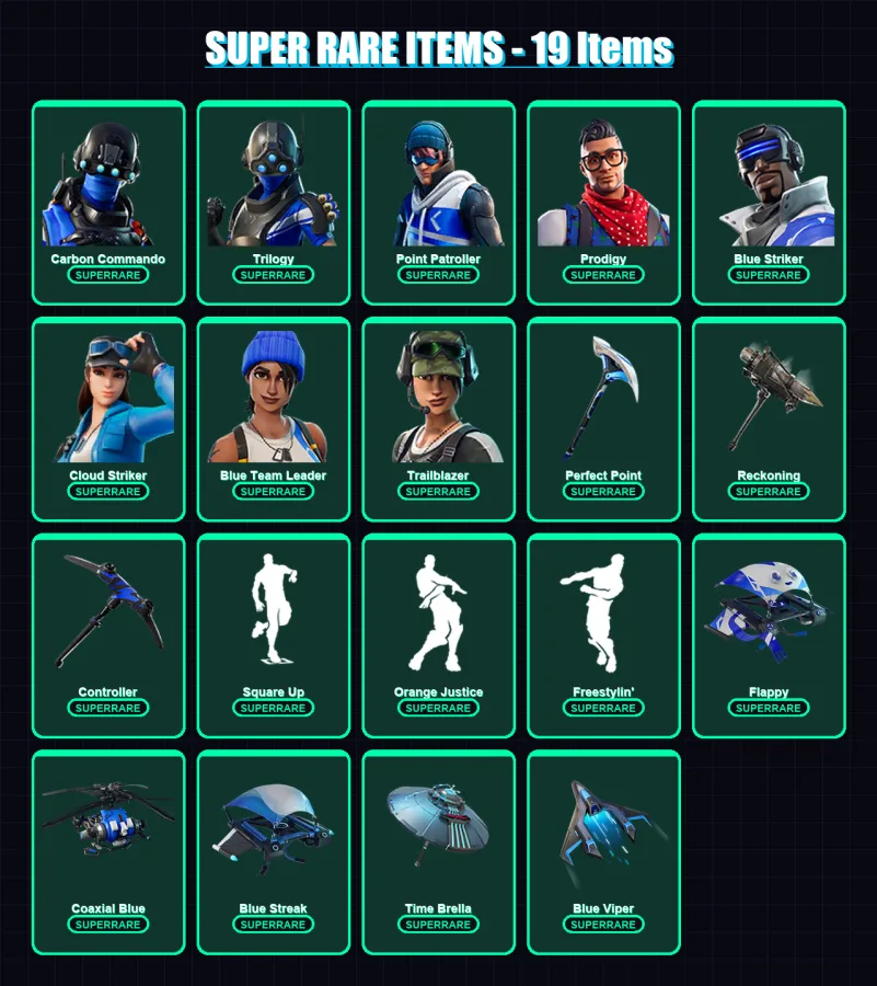 [PS4/PS5/XBOX/PC] | Carbon Commando | Trilogy | Point Patroller | Prodigy | Blue Striker | 49 skin | 37 pickaxe | 48 emote | 51 glider | Lv640