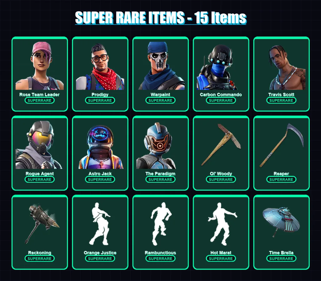 [PC/XBOX] | Rose Team Leader | Prodigy | Warpaint | Carbon Commando | Travis Scott | 195 skin | 264 pickaxe | 270 emote | 194 glider | Lv4285