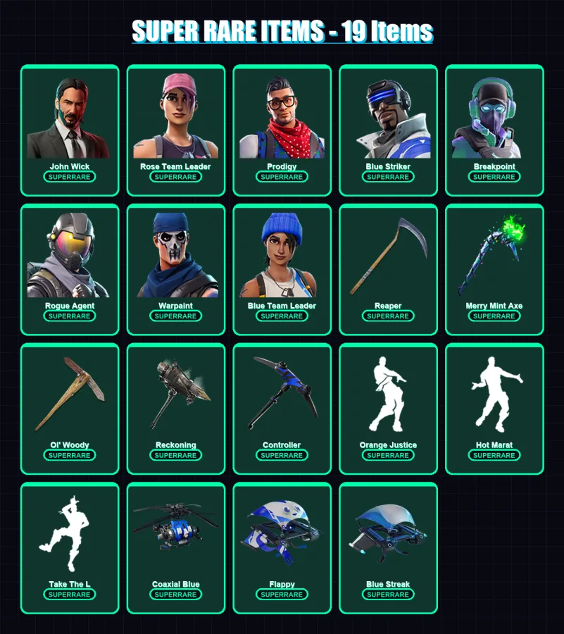 [PC/XBOX] | John Wick | Rose Team Leader | Prodigy | Blue Striker | Breakpoint | 188 skin | 91 pickaxe | 110 emote | 86 glider | Lv1527
