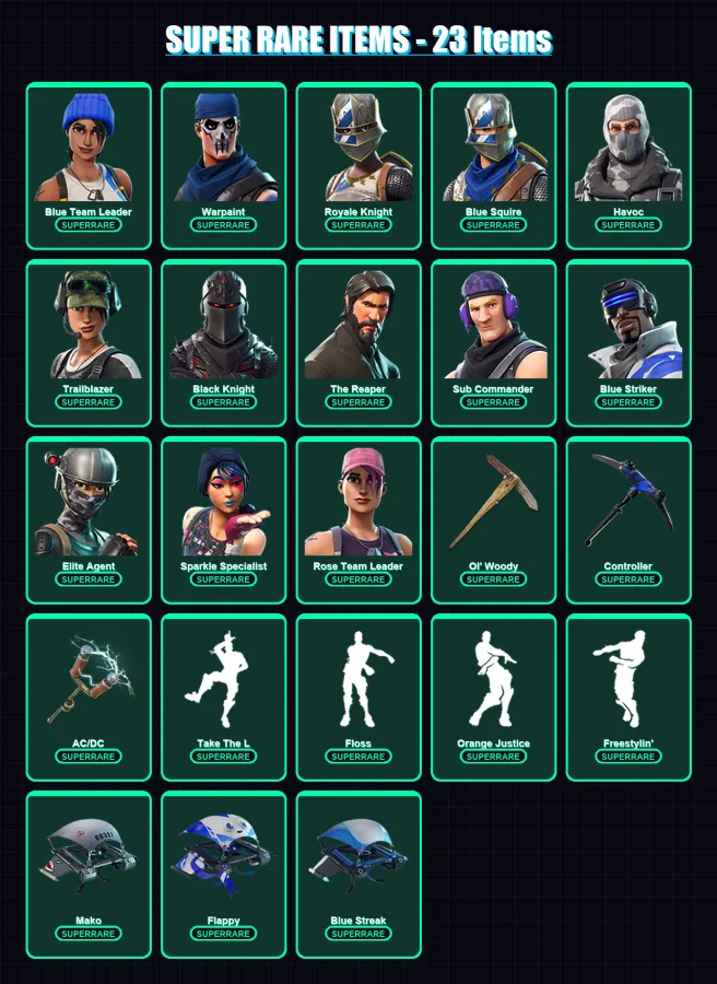 [PC/XBOX] | Blue Team Leader | Warpaint | Royale Knight | Blue Squire | Havoc | 30 skin | 26 pickaxe | 34 emote | 34 glider | Lv409 — Fortnite account