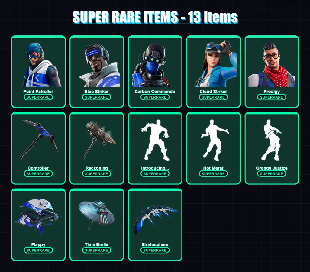 [PC/XBOX] | Point Patroller | Blue Striker | Carbon Commando | Cloud Striker | Prodigy | 136 skin | 141 pickaxe | 123 emote | 141 glider | Lv2298 — Fortnite account