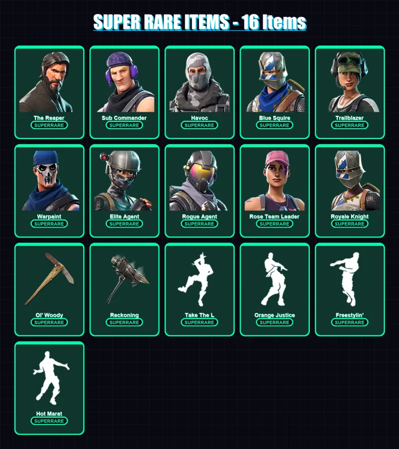 [PS4/PS5/XBOX/PC] | The Reaper | Sub Commander | Havoc | Blue Squire | Trailblazer | 104 skin | 75 pickaxe | 77 emote | 81 glider | Lv994