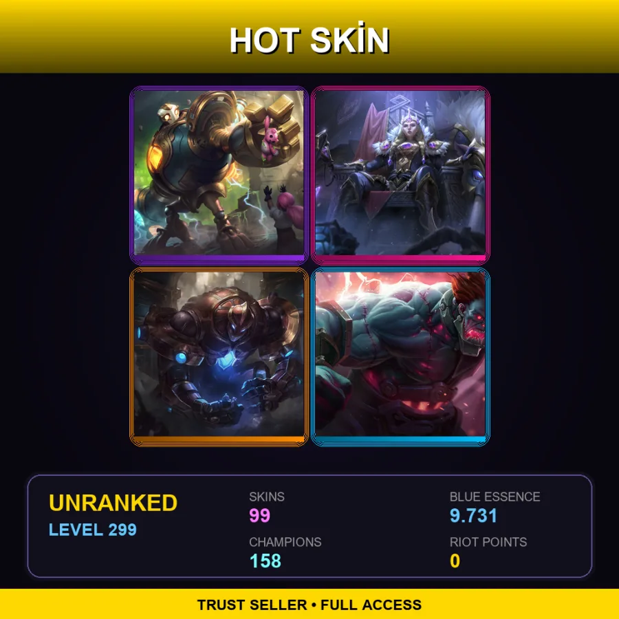 SG | Lv299 | Unranked | 99 Skin | 158 Champ — LoL account