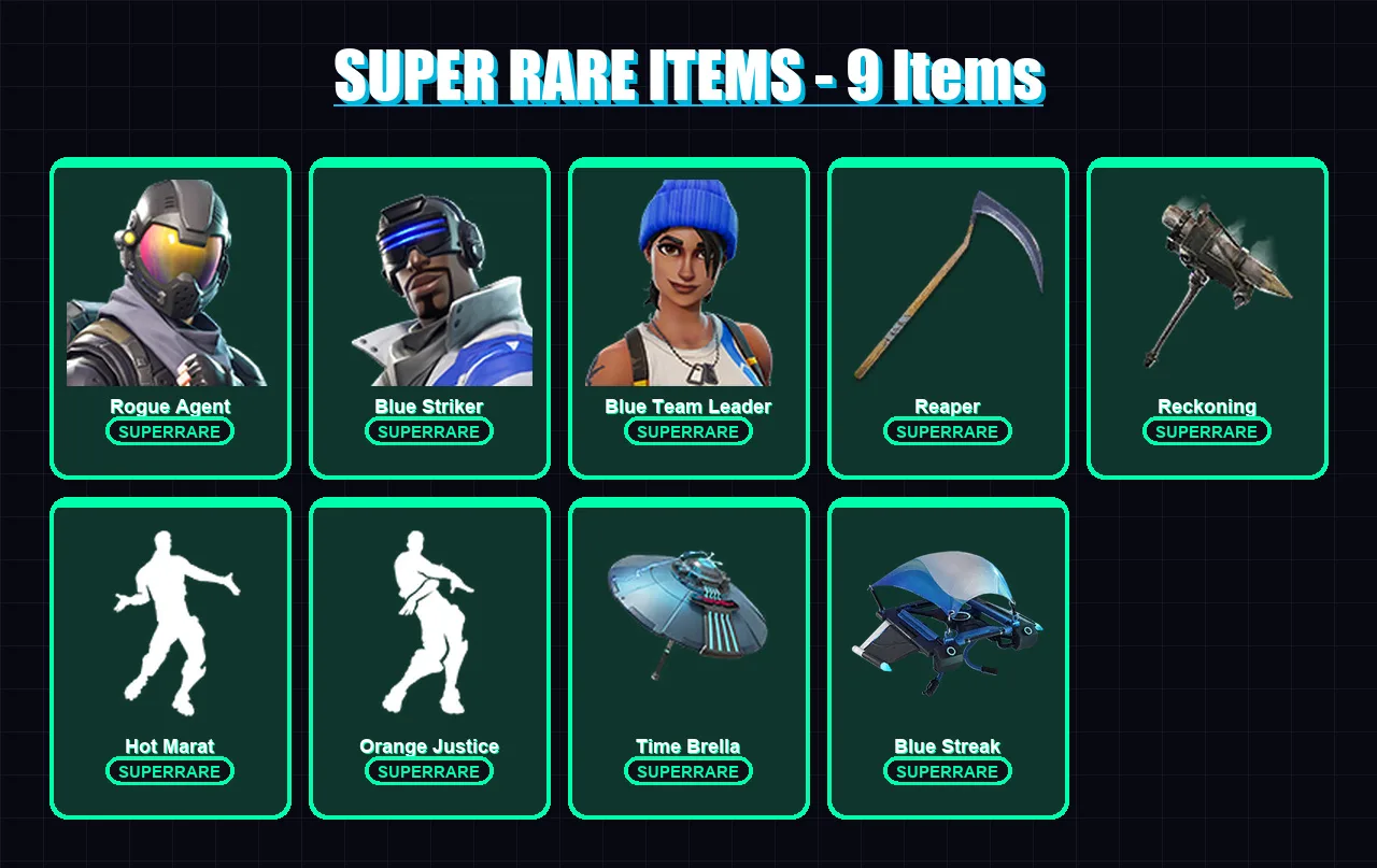 [PC] | Rogue Agent | Blue Striker | Blue Team Leader | Midas | Carbide | 44 skin | 69 pickaxe | 59 emote | 86 glider | Lv1354